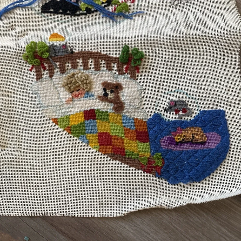 Vintage Handpainted Needlepoint Canvas Sleeping Christmas Stocking Unfinished